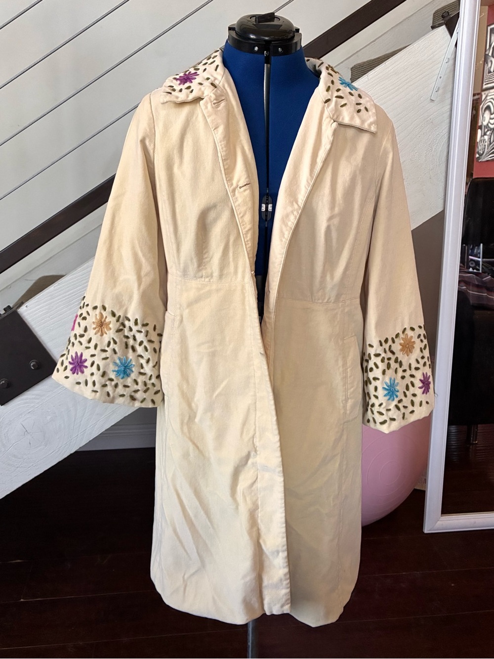 Cream Embroidered Floral Long Coat